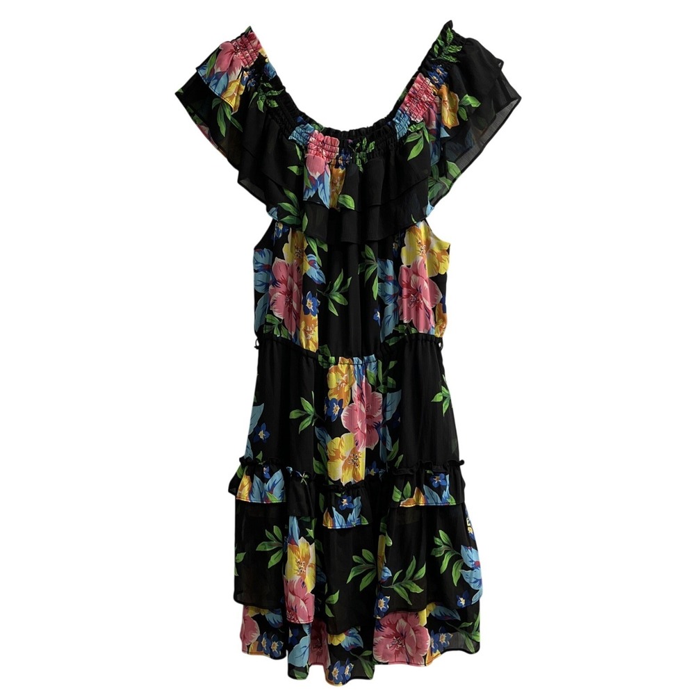 Lauren Ralph Lauren‎ Black Floral Chiffon Tiered Ruffle Off Shoulder Size 14
